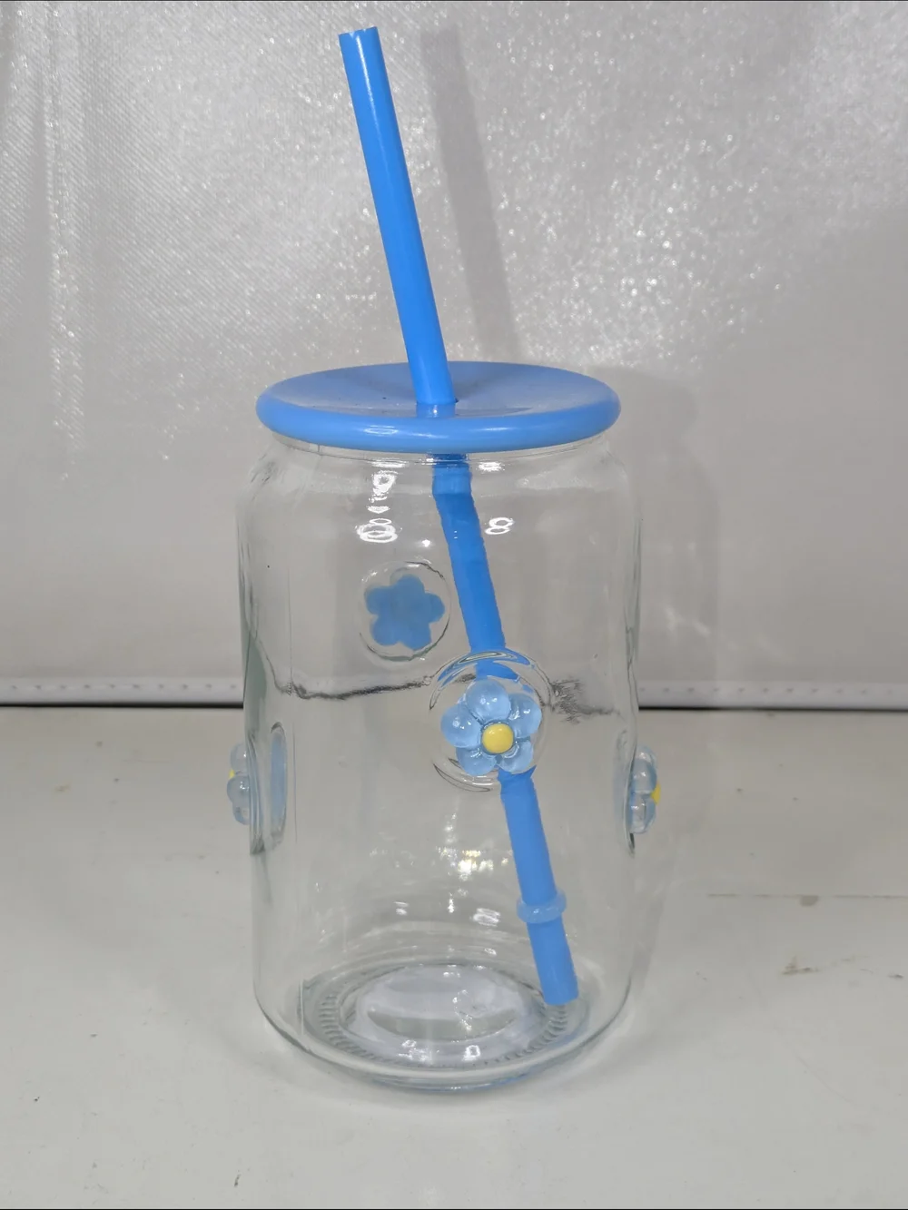 Viral Blue Floral Glass Tumblers Straw Set of 2 Aesthetic Cute